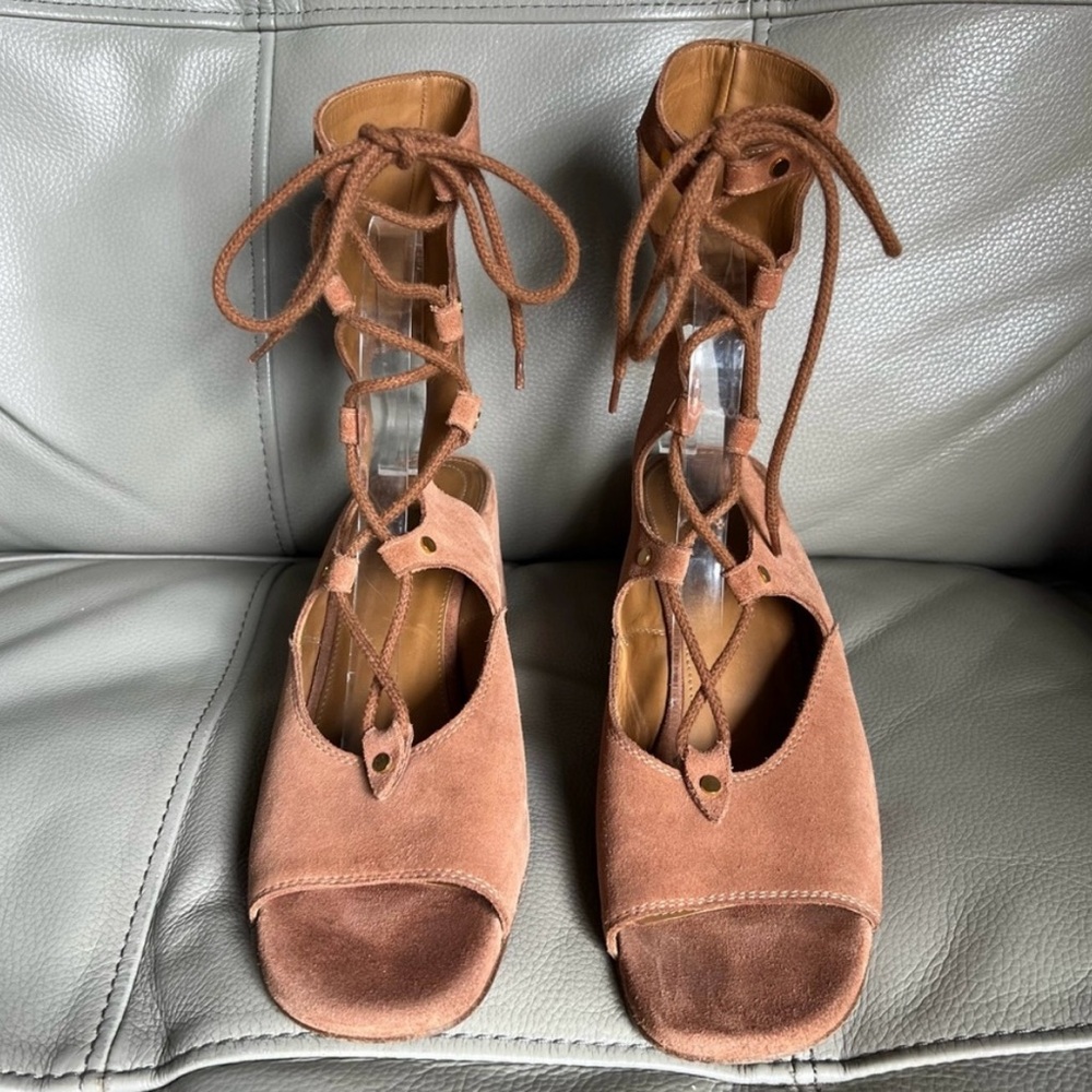 CHLOE Sandals Sz 40 US 10 Lace Up Italian Suede Gladiator Wedge Chillier Brown - Picture 2 of 14
